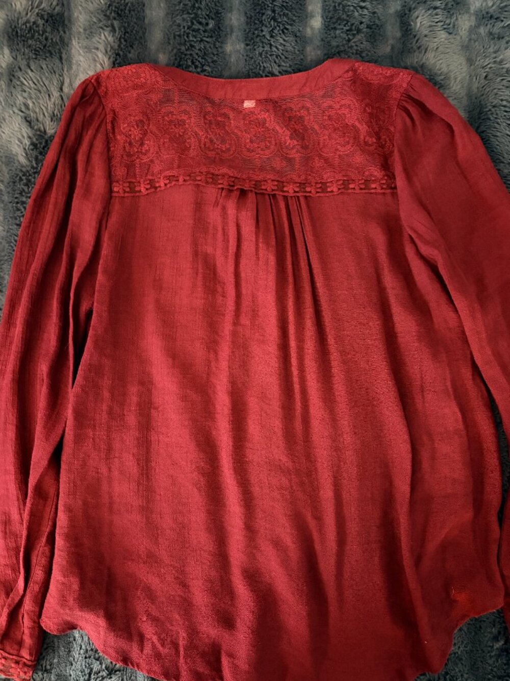 MINE Burgundy Wine Red Lace Yoke Blouse L Cottagecore Romantic Boho Festival - Picture 15 of 15